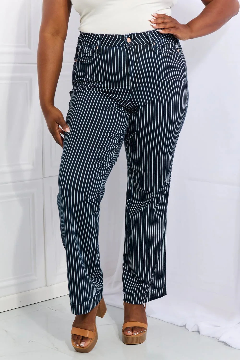 Judy Blue Cassidy Full Size High Waisted Tummy Control Striped Straight Jeans - VILLA FASHION